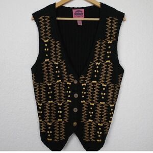 Cambridge Country Store Knit Vest Women's M Black Tan Beaded V-Neck Button Front